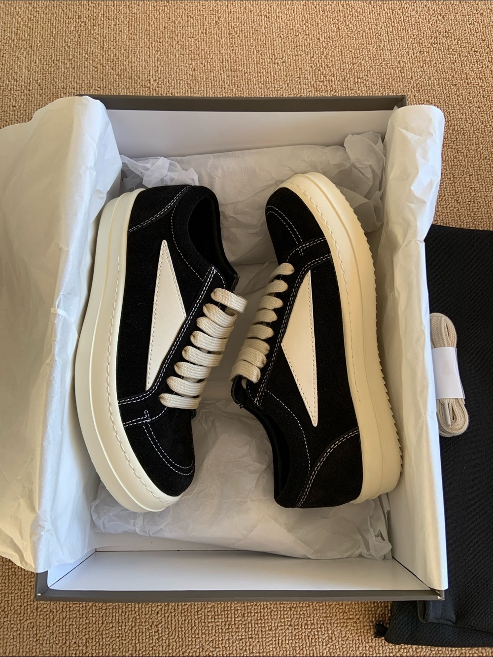 Rick Owens Black and Cream Suede Low-Top Sneakers